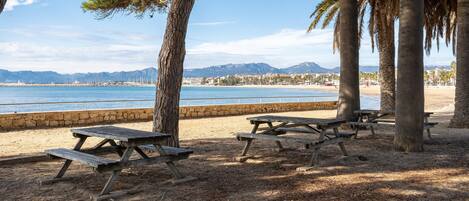 Un área de picnic frente a la playa, con bancos y árboles, con vista a un mar tranquilo y montañas distantes.