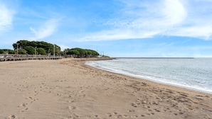 Una playa con un muelle de madera, árboles y cielo despejado.