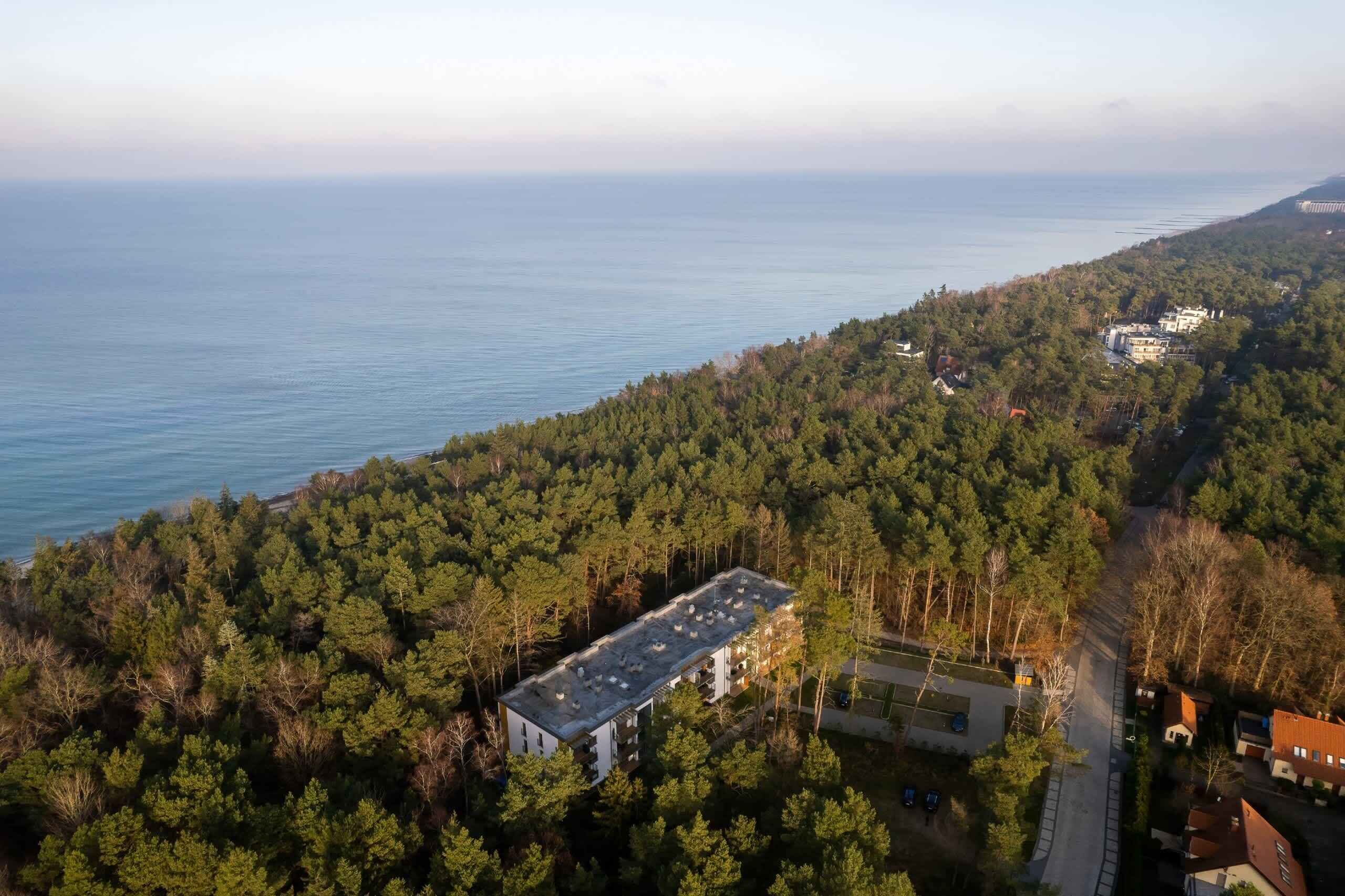 An aerial view of a coastal area with a building surrounded by dense forest, a road, and a view of the sea.