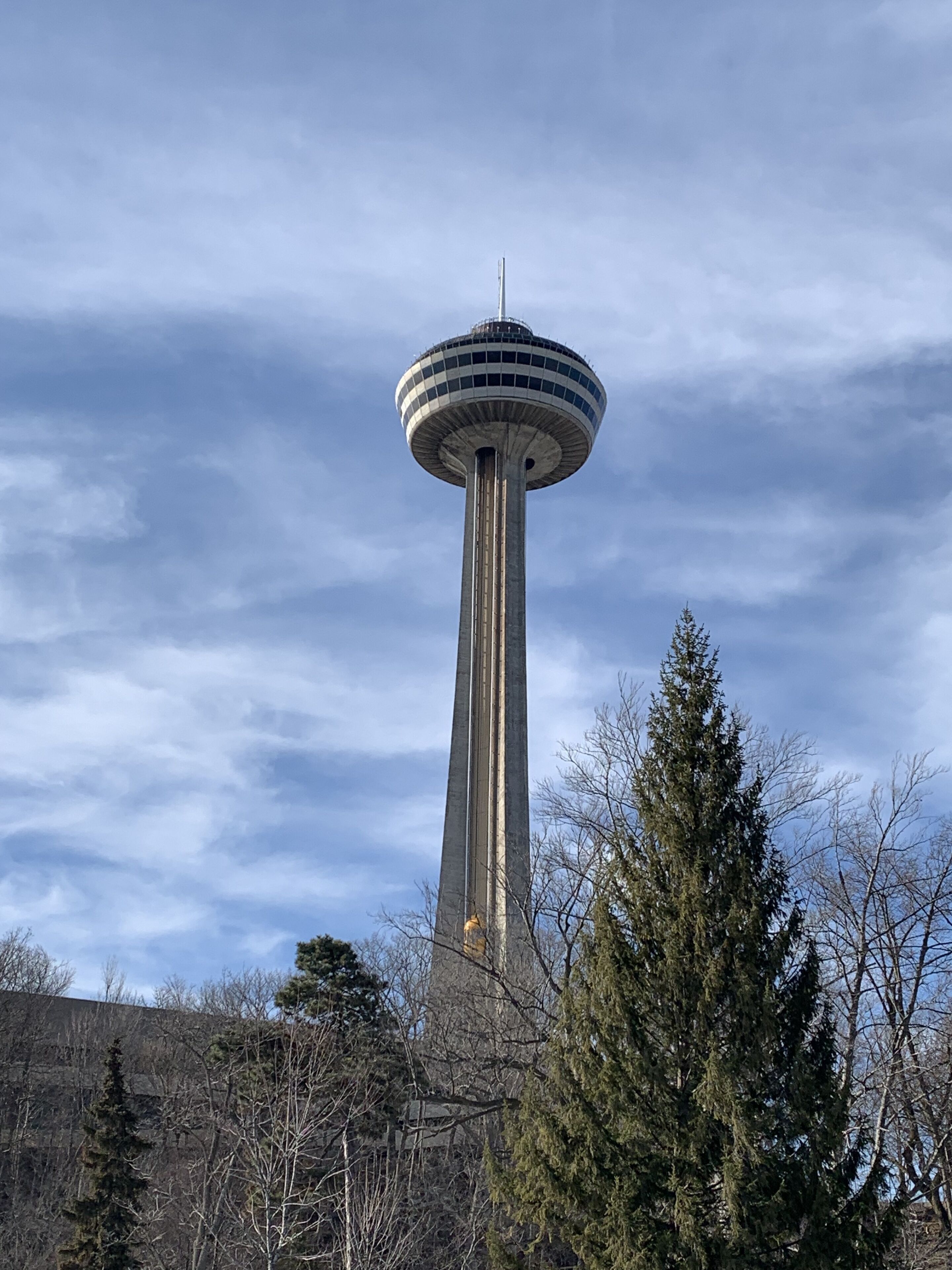 A tall tower with a circular observation deck, surrounded by trees.
