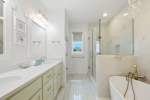Bathtub, hair dryer, towels