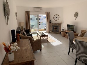 Smart TV, chimenea y libros
