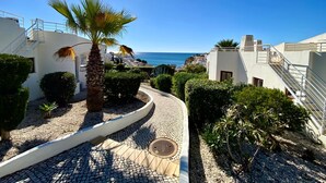 A coastal residential area with a paved pathway, palm trees, and a view of the sea.