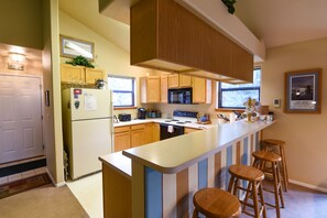 Fridge, microwave, coffee/tea maker, toaster