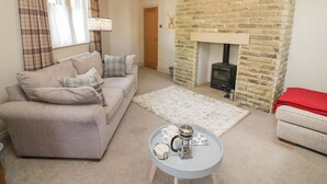 Una sala de estar acogedora con chimenea de piedra, un sofá, una mesa de centro y una araña.