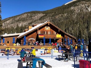 Eine Holzchalet mit Balkon, umgeben von Schnee und bewaldeten Bergen.