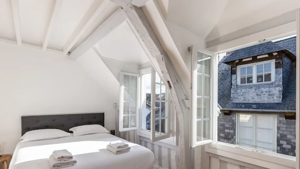 A bedroom with a large bed, a skylight, and a view of the outside.