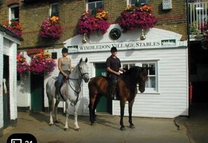 A building labeled "WIMBLEDON VILLAGE STABLES" with two horses and a person on horseback. - Grand open plan modern home with heaps of light, and close to London (Kingston upon Thames)