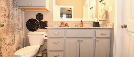 A bathroom with a toilet, vanity, and cabinets.