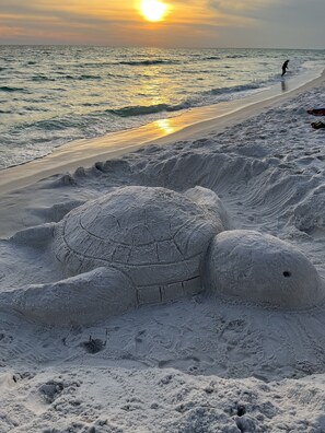 On the beach, sun loungers