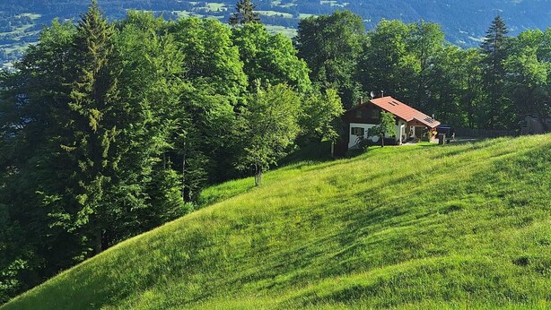 A house with a red roof nestled among lush green trees on a hillside, with mountains in the background. - Vacation home with conservatory, fireplace and garden barbecue in a secluded location in the mountains (Tschagguns)