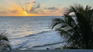 Una spiaggia con palme e un tramonto sull'oceano.
