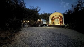 Une cabane chaleureuse et bien éclairée, dotée d’un porche accueillant, entourée de gravier et d’arbres.