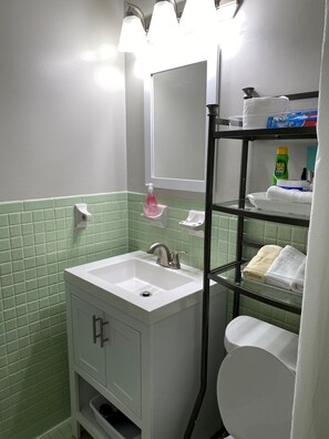 Combined shower/tub, hair dryer, towels, soap