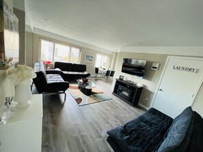 Smart TV, fireplace, books