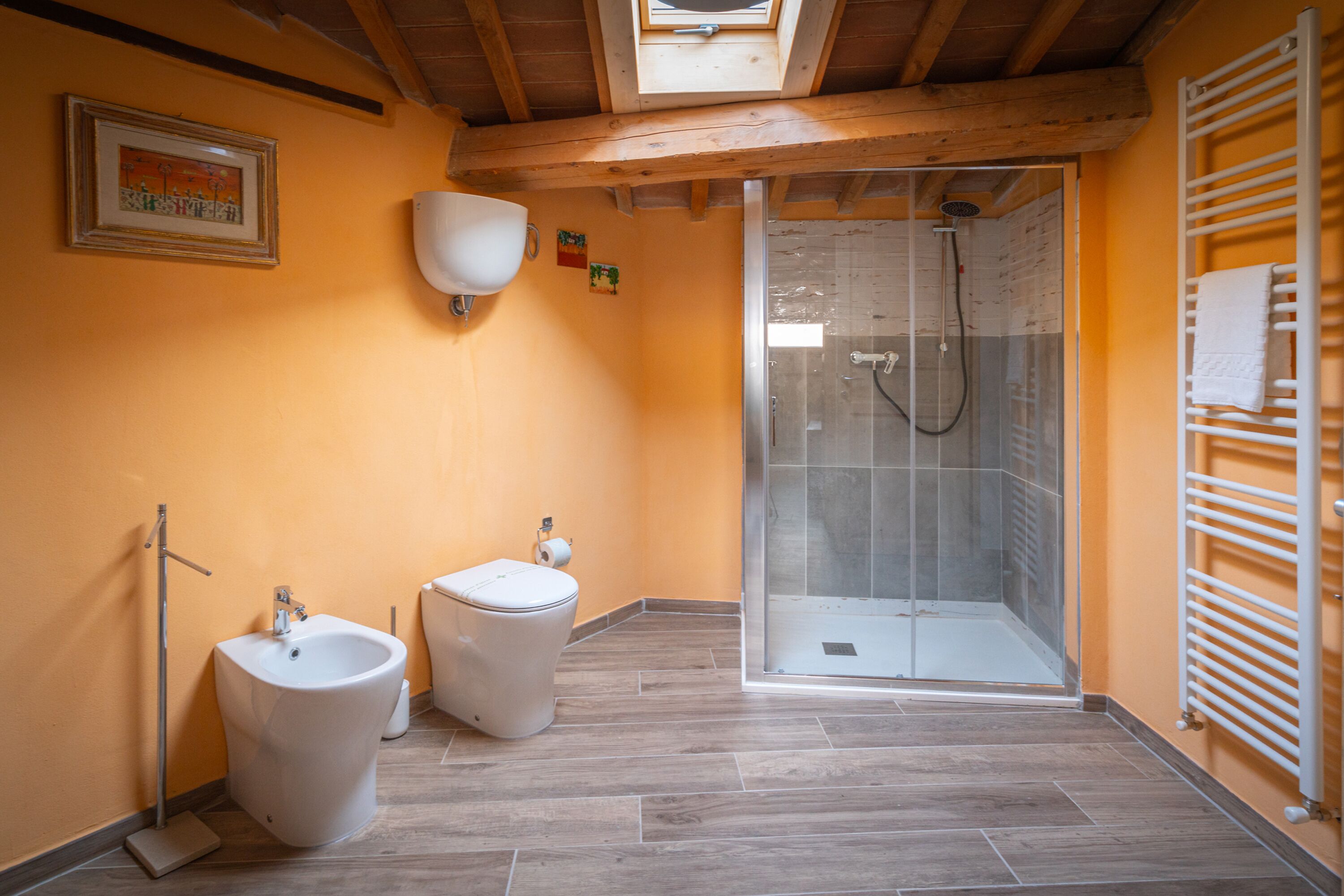 Dusche, Bidet, Handtücher, Seife