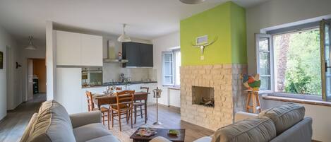 Smart TV, fireplace, stereo