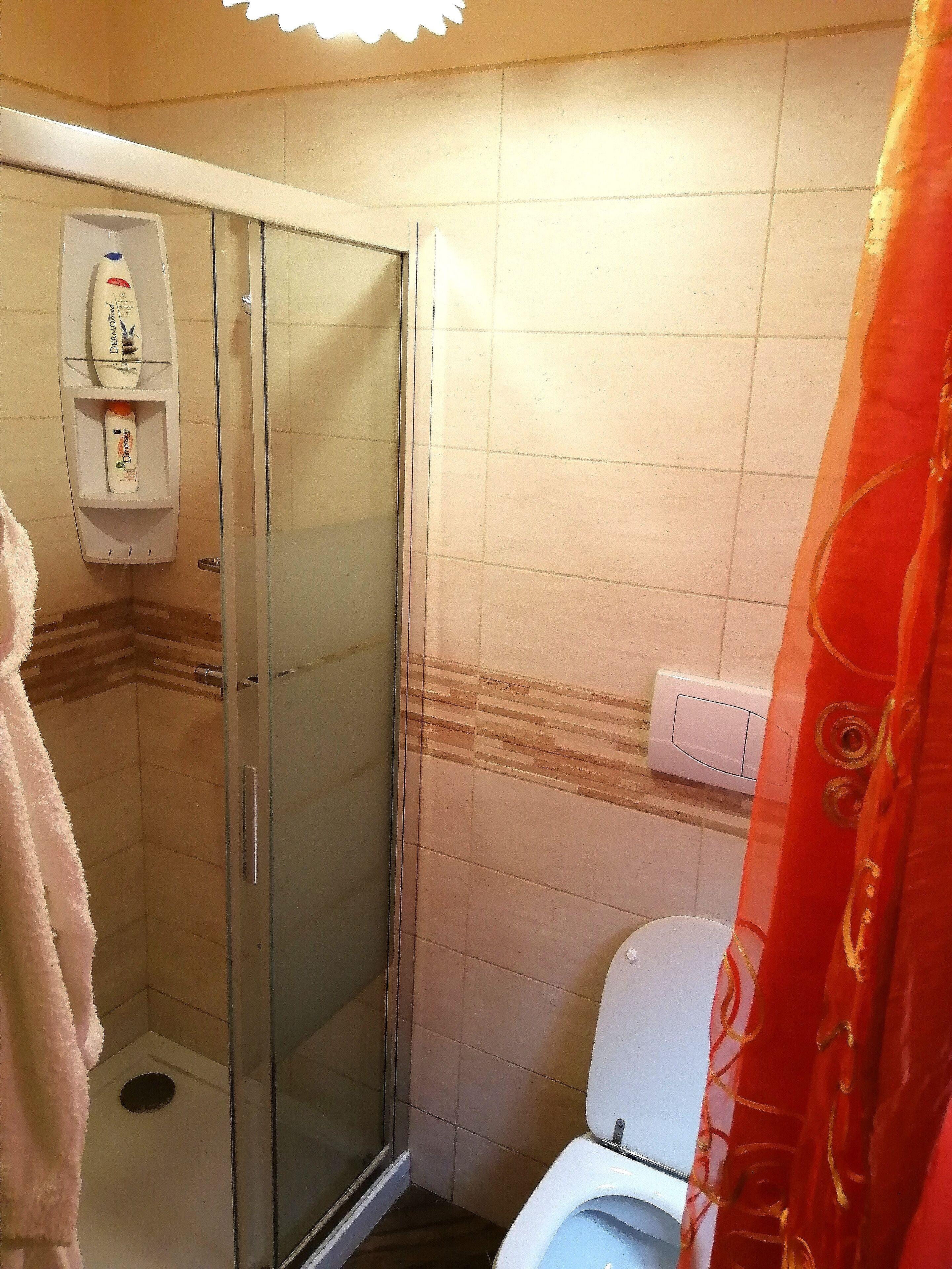 Een douche, een haardroger, een bidet, zeep