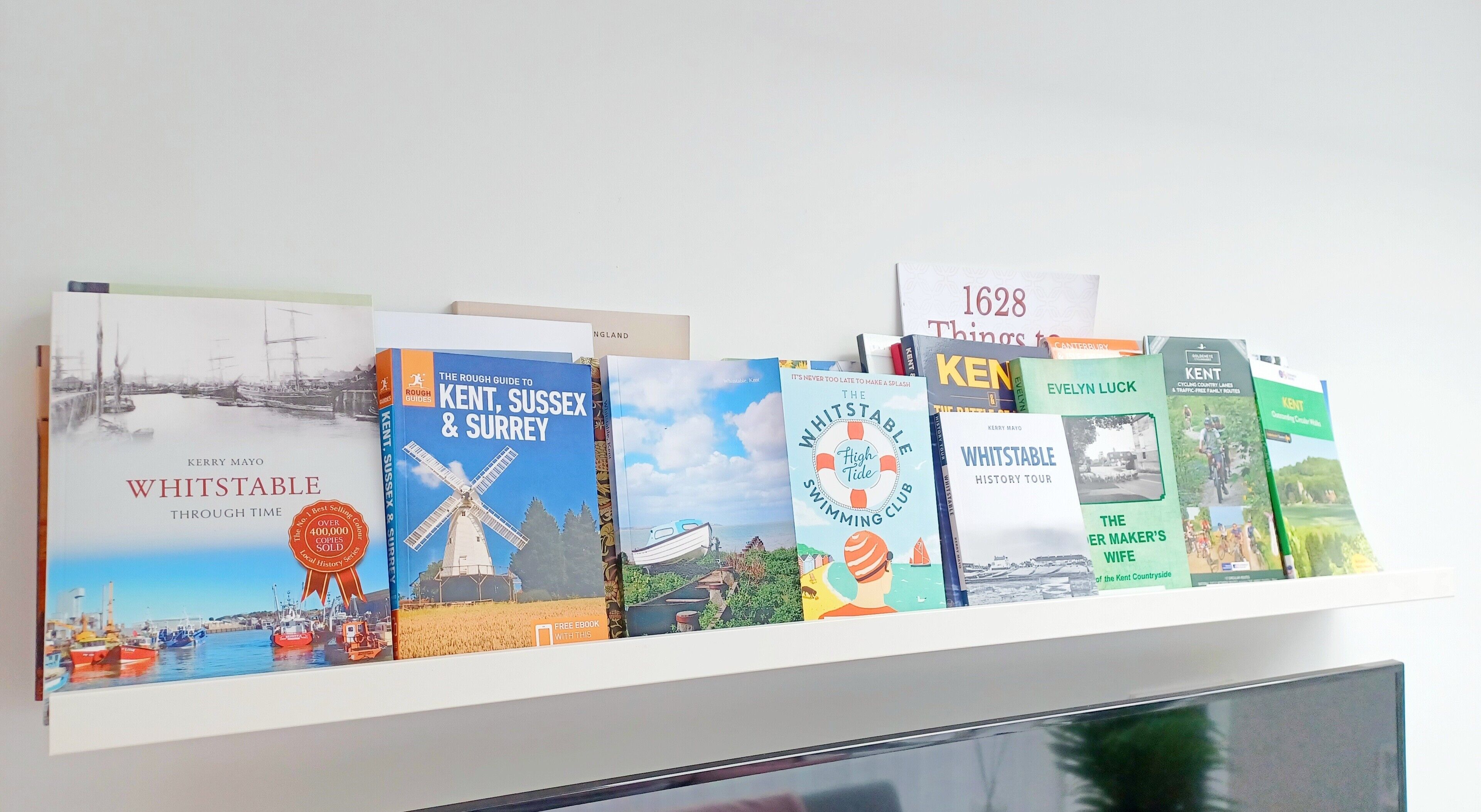 A collection of travel guides on a shelf.