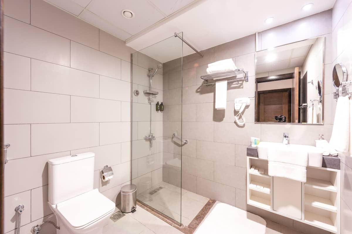 Shower, hair dryer, bathrobes, slippers