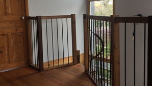 A wooden door, a striped rug, and a window with a view of greenery.