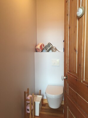 Shower, hair dryer, towels, toilet paper