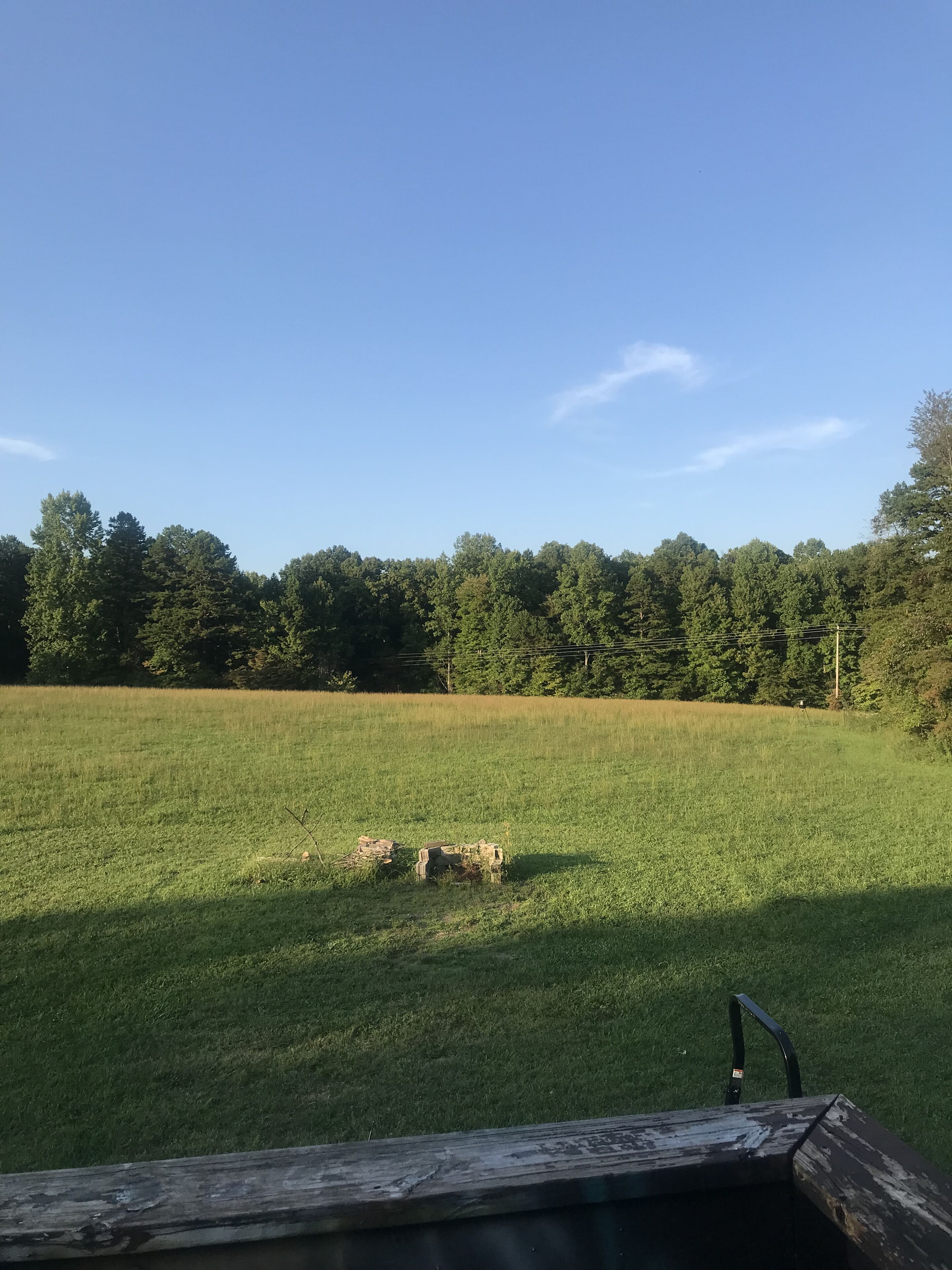 Een grasveld met een houten constructie op de voorgrond.