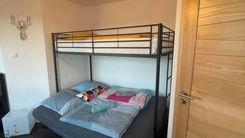 Cozy retreat with a bunk bed, wooden door, and geometric-patterned storage.