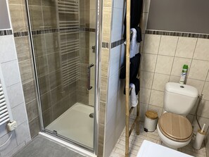 Shower, hair dryer, towels