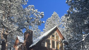 A wooden cabin with a balcony, surrounded by snow-covered trees. - Nestled in the pines on 2 acres, secluded, close-to-nature house. Pet-Friendly! (Angel Fire)