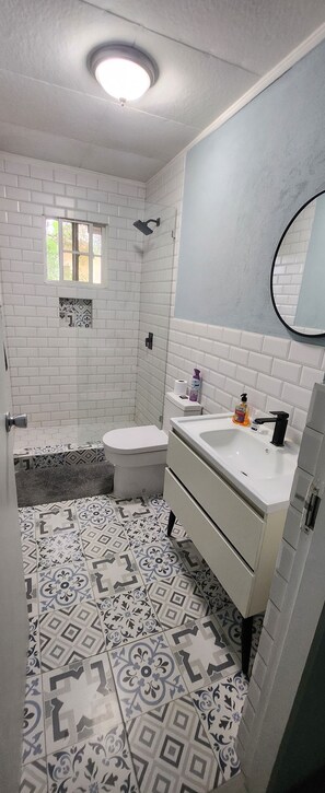 Shower, towels, toilet paper