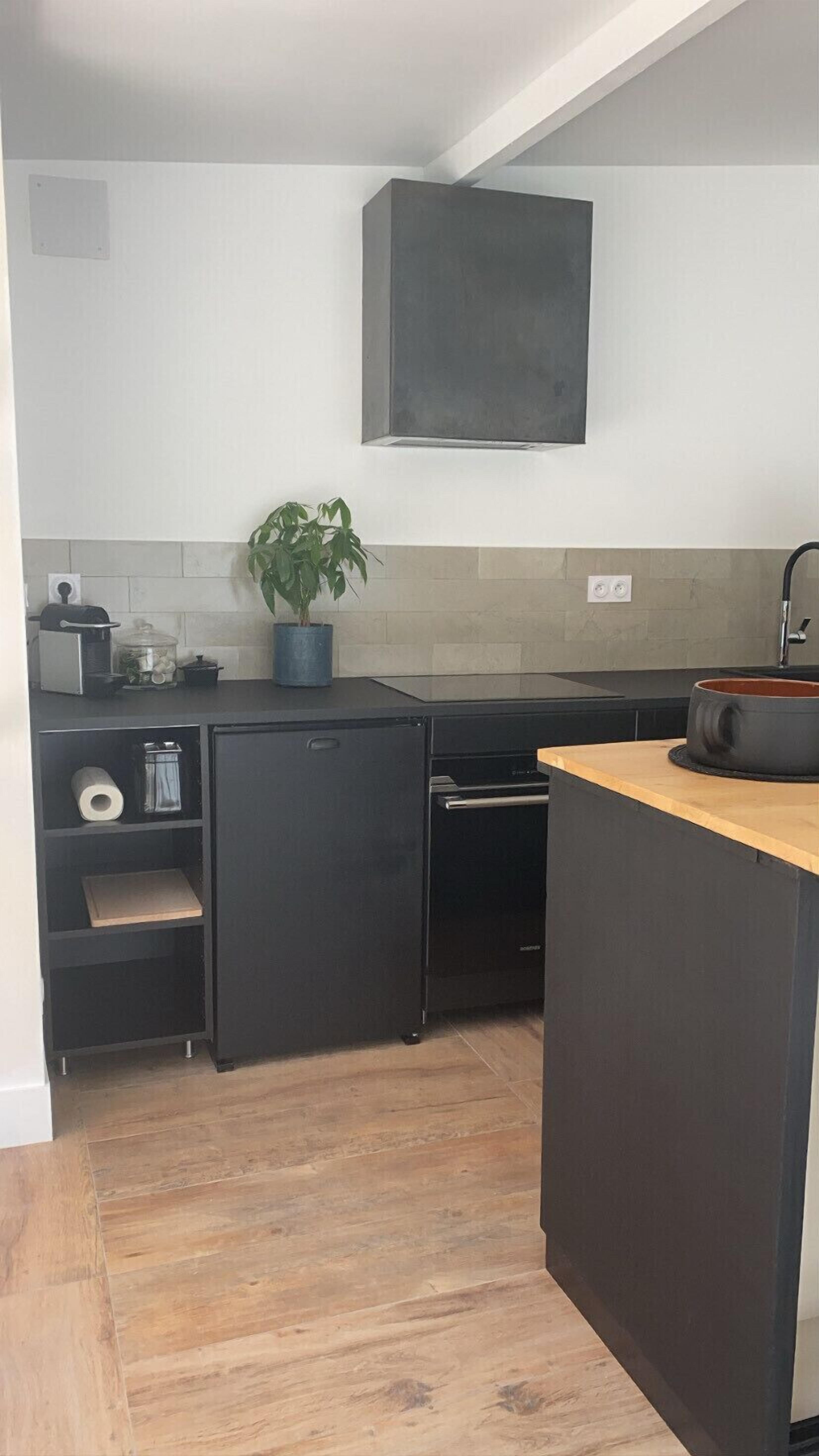 A compact kitchen with a built-in oven, a small refrigerator, and a sink. There is a potted plant on the countertop and a wooden island with a bowl.