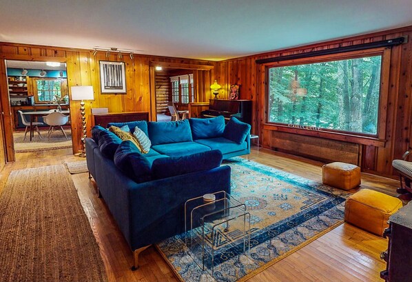 Smart TV, fireplace, books, music library