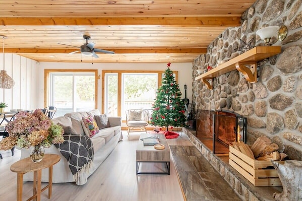 TV, fireplace, video games, foosball