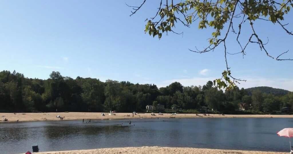 A lakeside view with a sandy beach and trees in the background.