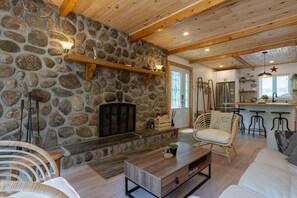 TV, fireplace, video games, foosball