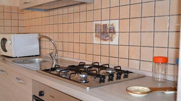 Een keuken met een gasfornuis, een spoelbak en een magnetron.