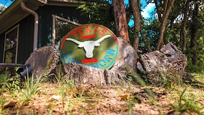 A Texas state emblem on a tree stump with a building in the background. - Longhorn Lake House - Arcridgeranchresort.com (Ben Wheeler)
