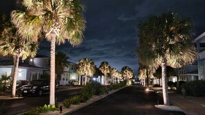 A residential street lined with palm trees and houses. - 3 BR/3 BA Village Walk House, Close to the Beach, Community Pool! (Port Aransas)