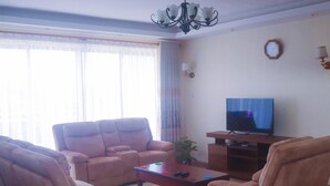 Una sala de estar con dos sofás, una mesa de centro, un televisor y una araña.