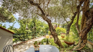 A round table with a potted cactus and two wine glasses, surrounded by lush greenery and trees. - Gorgeous apartment in Castiglioncello with WiFi (Castiglioncello)