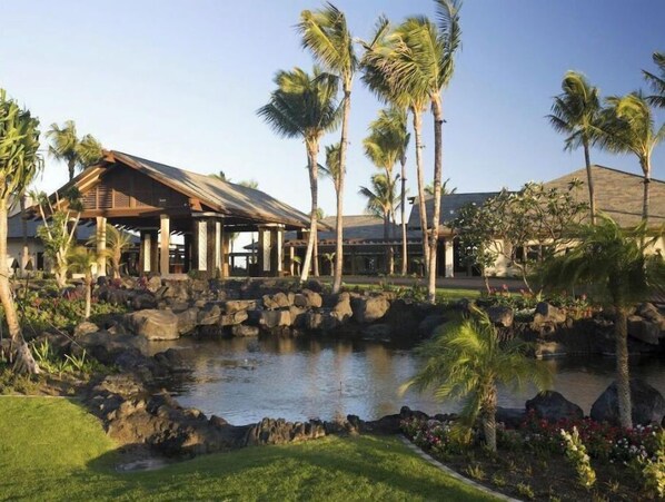 Relax in a serene garden setting surrounded by palm trees and a tranquil pond.