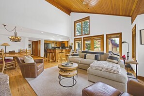 Smart TV, fireplace, books, stereo