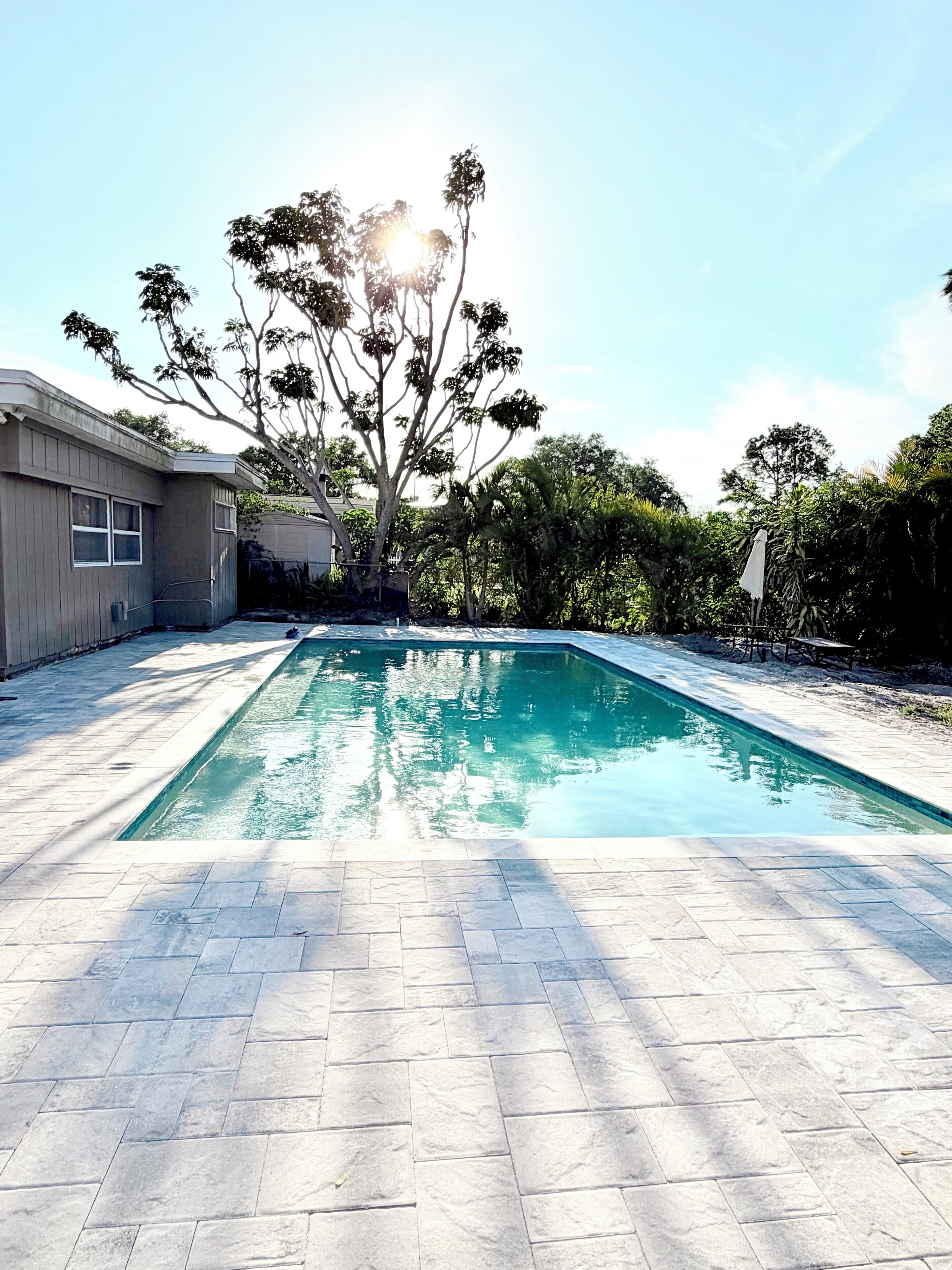 A swimming pool with a tiled deck, surrounded by trees and a building.