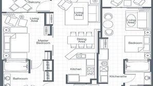 Un plan d’étage d’un hôtel comprenant une chambre principale, un balcon, un salon, une salle à manger, une cuisine, une salle de bain et un coin cuisine.