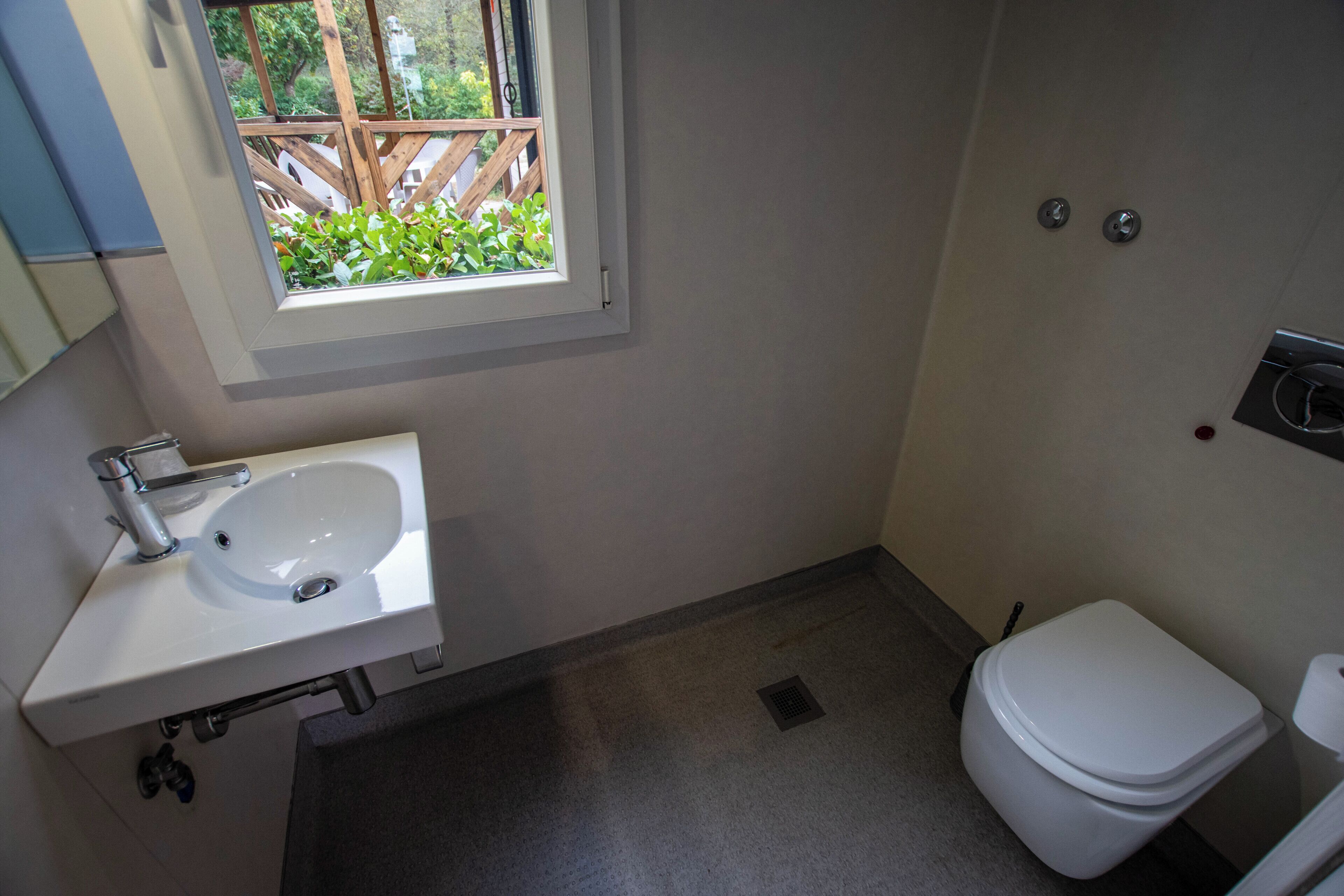 A small bathroom with a white sink, a toilet, and a window with a view of greenery outside.