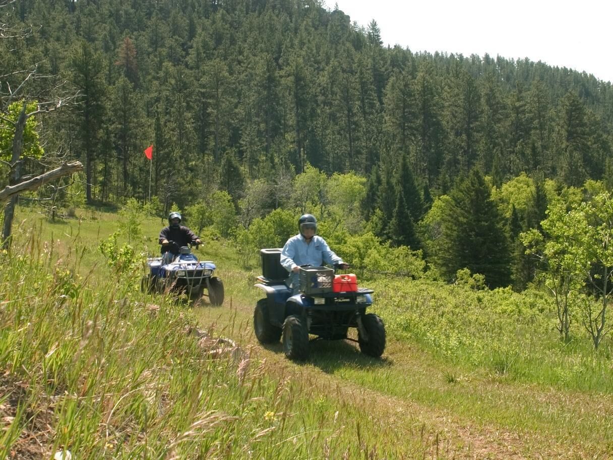 Two people riding ATVs on a grassy path with a forest in the background.