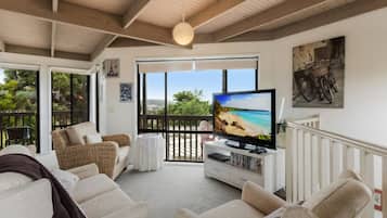 Smart TV, DVD player, livros, biblioteca musical