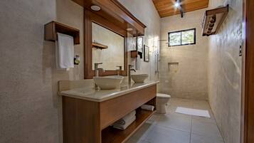 Combined shower/tub, hair dryer, towels, soap
