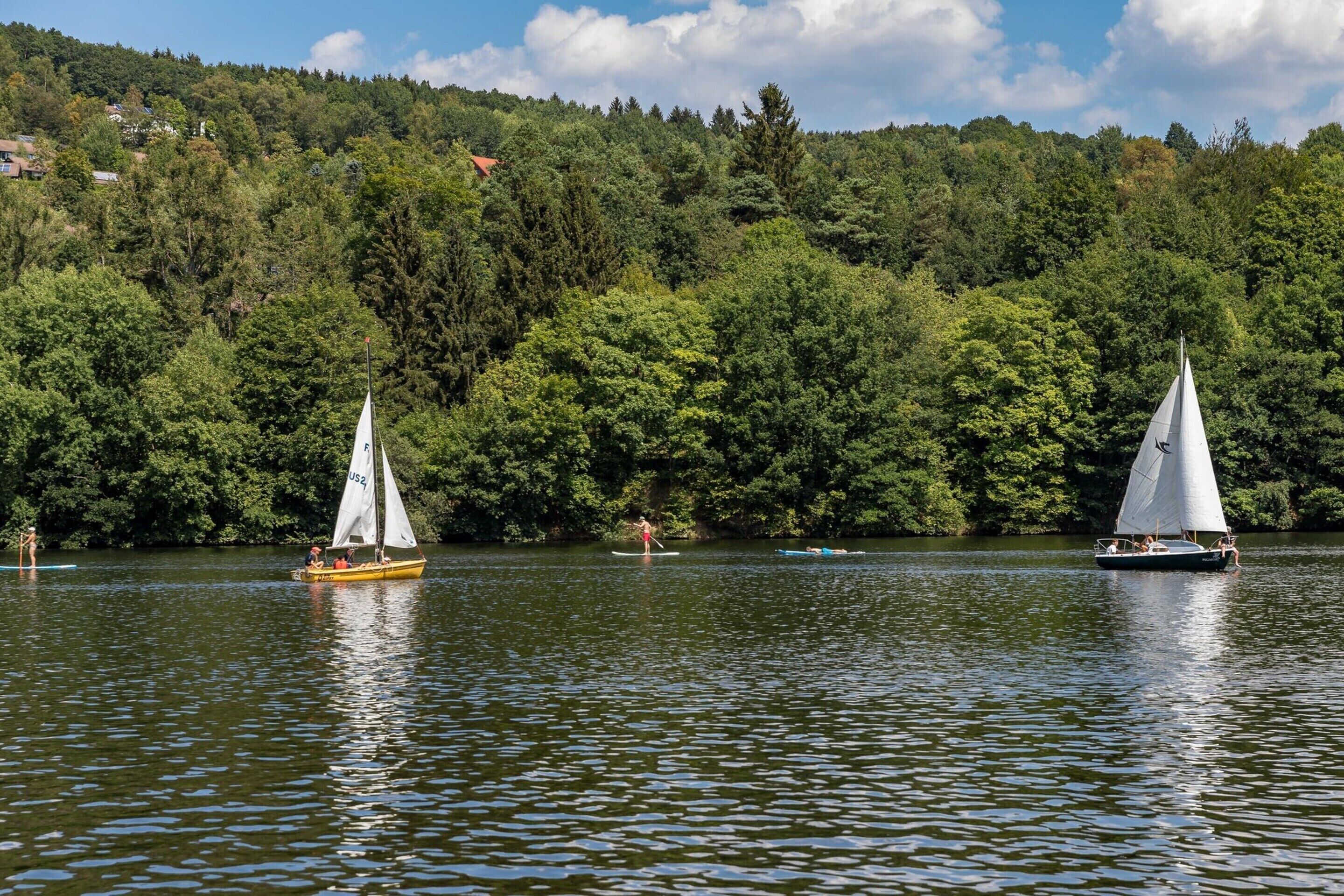 A lake with sailboats and a forested hillside in the background.